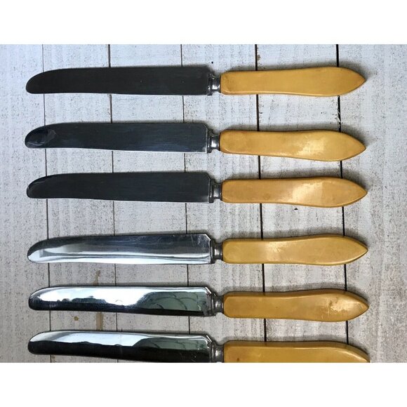 6 Vtg Butterscotch Bakelite Flatware Antq Boker Art Deco 1930s Stainless Knives - Picture 4 of 8